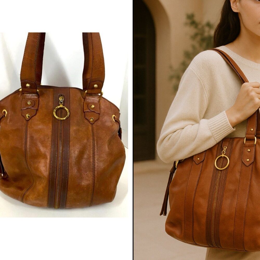 Boho Brown Leather Purse Handbag Gold Hoop Circle Zipper Detail Hobo Via Spiga